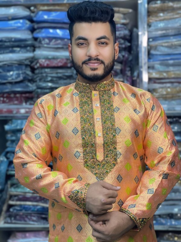 (Code-161)  ইমপোর্টেড লাক্সারি কাতান এমব্রয়ডারি পাঞ্জাবি - Image 1