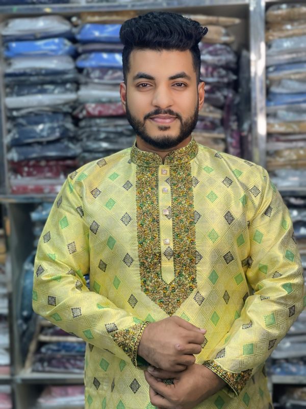 (Code-162) ইমপোর্টেড লাক্সারি কাতান এমব্রয়ডারি পাঞ্জাবি - Image 1