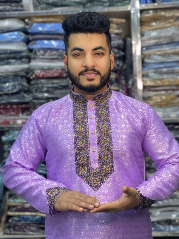 (Code-711) ইম্পোর্টেড কাতান সিকোয়েন্স এমব্রয়ডারি পার্টি পাঞ্জাবি - Image 1