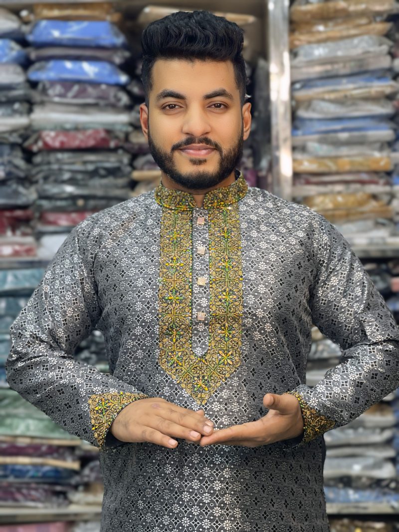 (Code-712) ইম্পোর্টেড কাতান সিকোয়েন্স এমব্রয়ডারি পার্টি পাঞ্জাবি