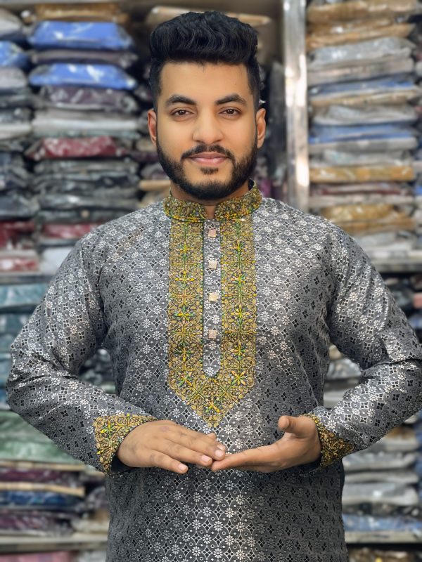 (Code-712) ইম্পোর্টেড কাতান সিকোয়েন্স এমব্রয়ডারি পার্টি পাঞ্জাবি - Image 1