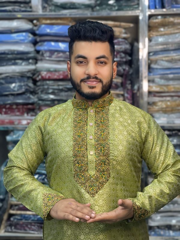 (Code-713) ইম্পোর্টেড কাতান সিকোয়েন্স এমব্রয়ডারি পার্টি পাঞ্জাবি - Image 1