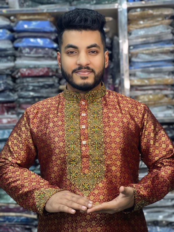 (Code-714) ইম্পোর্টেড কাতান সিকোয়েন্স এমব্রয়ডারি পার্টি পাঞ্জাবি - Image 1