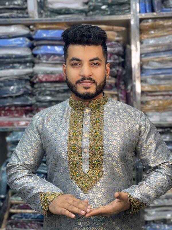 (Code-716) ইম্পোর্টেড কাতান সিকোয়েন্স এমব্রয়ডারি পার্টি পাঞ্জাবি - Image 1