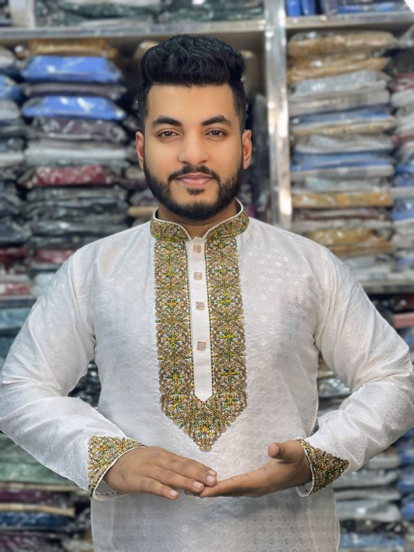 (Code-717) ইম্পোর্টেড কাতান সিকোয়েন্স এমব্রয়ডারি পার্টি পাঞ্জাবি - Image 1