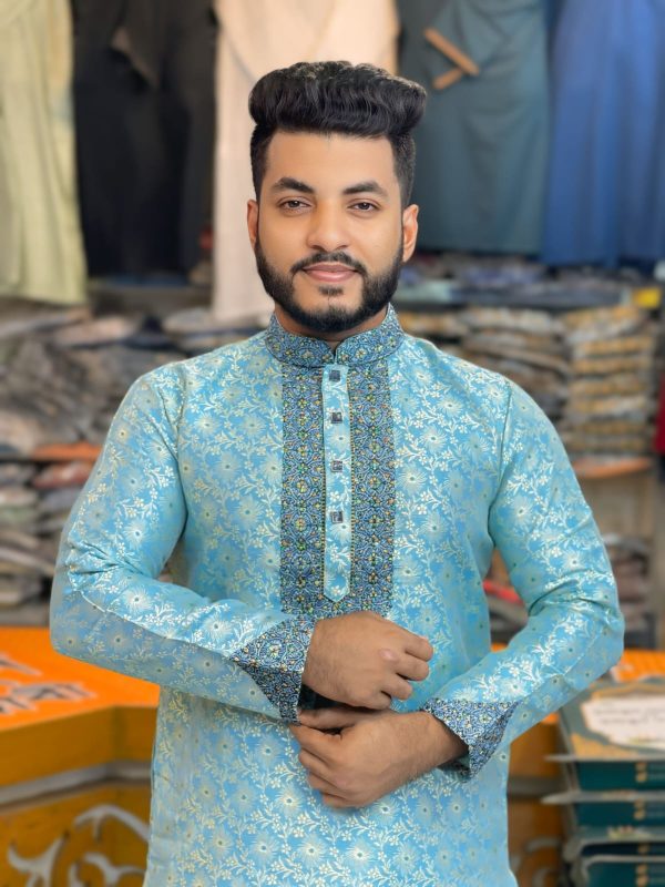 (Code-721) ইমপোর্টেড লাক্সারি কাতান এমব্রয়ডারি পাঞ্জাবি - Image 1