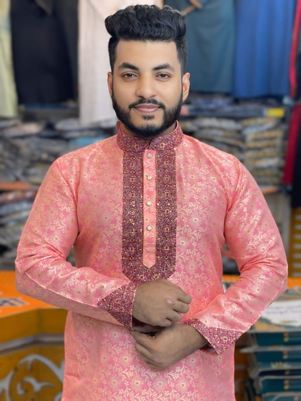 (Code-722) ইমপোর্টেড লাক্সারি কাতান এমব্রয়ডারি পাঞ্জাবি - Image 1