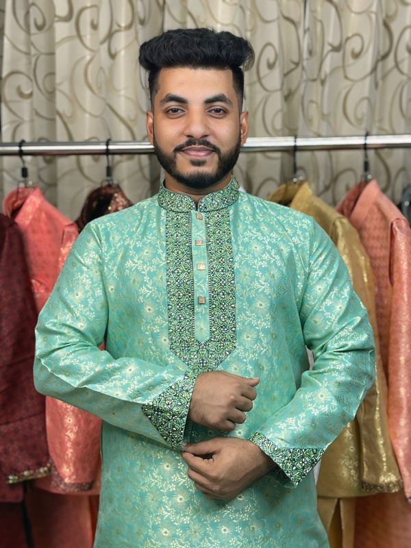 (Code-723) ইমপোর্টেড লাক্সারি কাতান এমব্রয়ডারি পাঞ্জাবি - Image 1