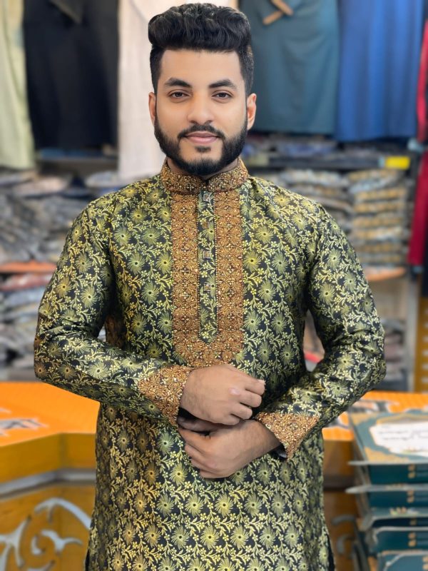 (Code-724) ইমপোর্টেড লাক্সারি কাতান এমব্রয়ডারি পাঞ্জাবি - Image 1