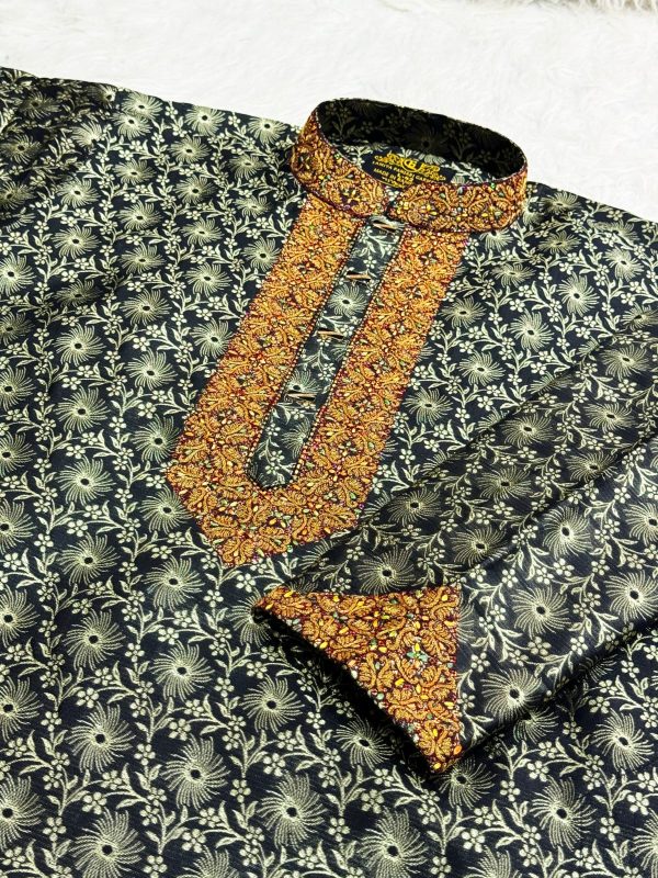 (Code-728) ইমপোর্টেড লাক্সারি কাতান এমব্রয়ডারি পাঞ্জাবি - Image 1